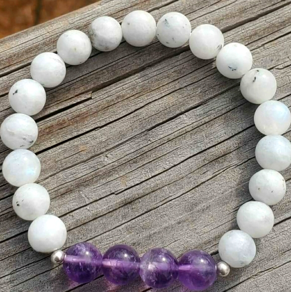 Hand Crafted Jewelry - Rainbow Moonstone & Amethyst Bead Bracelet